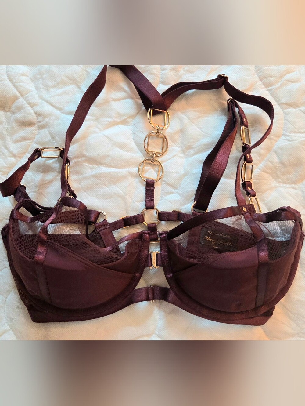 NWOT Honey Birdette Jowel Wine Bra - Burgundy & Gold Hardware - Size 34G